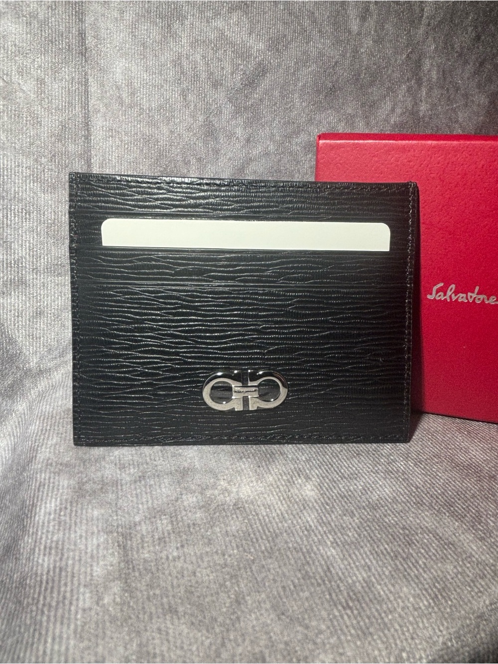 Salvatore Ferragamo Black Textured Leather Card Holder with Silver Gancini